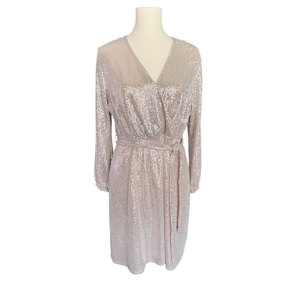 JM Studio by John Meyer Metallic Sequin Wrap Dress Gold Size 14 Long Sleeve